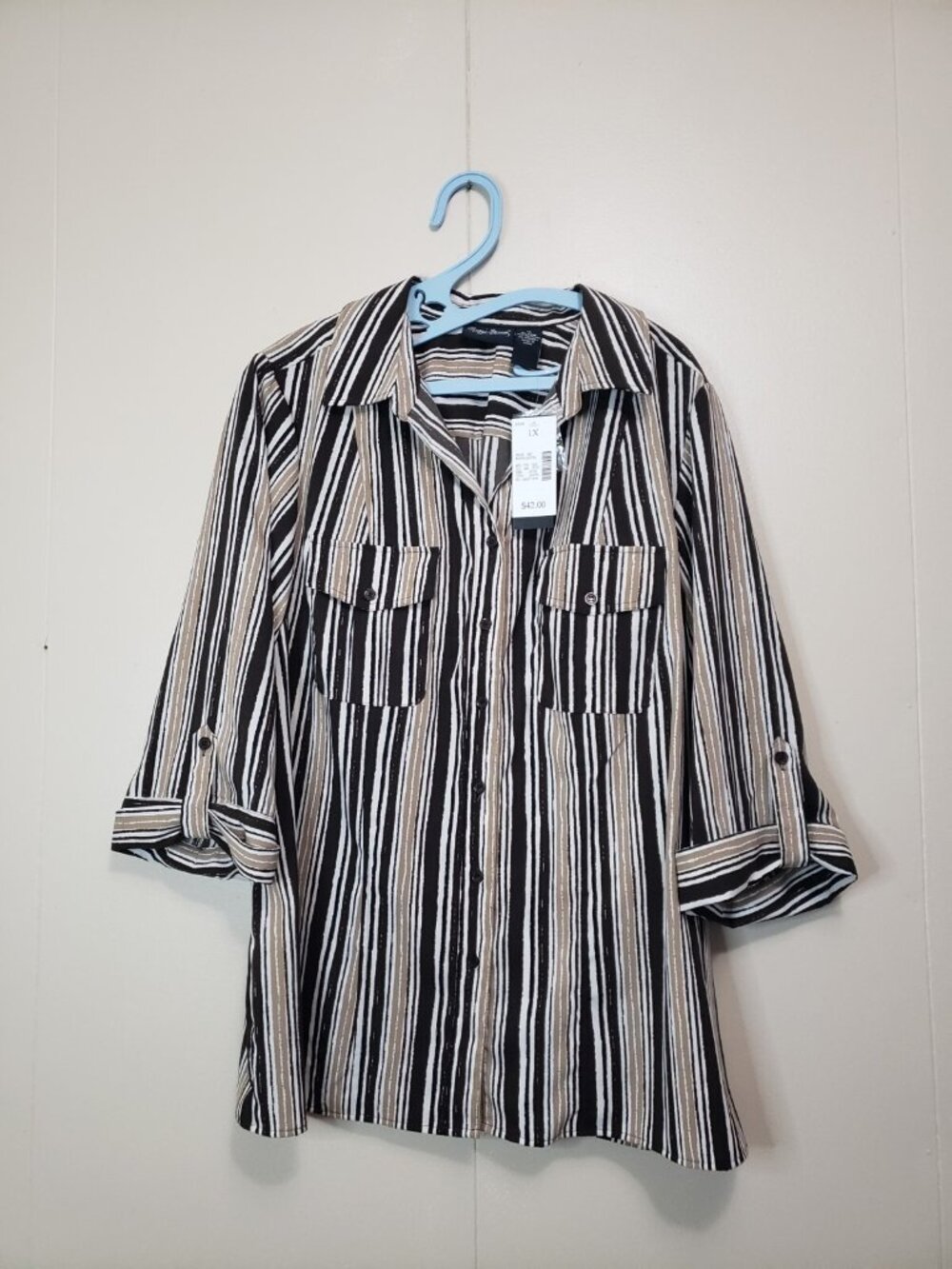 Maggie Barnes Womens Plus 1X Blouse Tan Brown Stripe Roll Tab Sleeve Office NWT